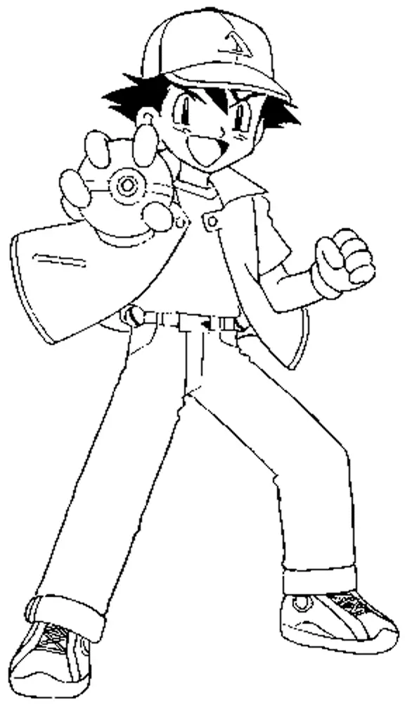 Desenho de contorno em preto e branco do treinador Ash Ketchum em pose de batalha, segurando uma Pokebola à frente e com o punho fechado.