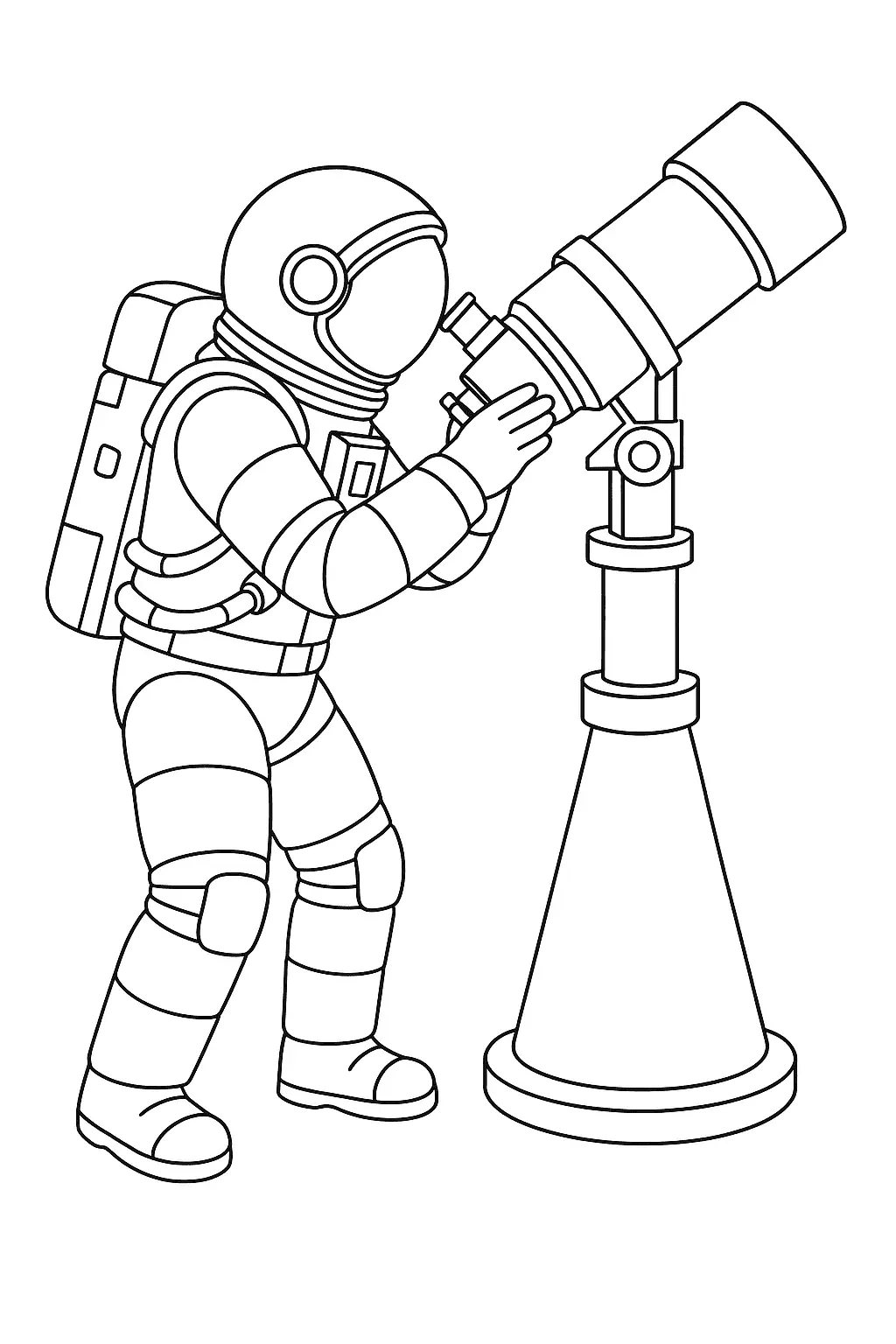 Desenho de contorno em preto e branco de um astronauta em pé, olhando através de um grande telescópio óptico montado em um suporte cônico.