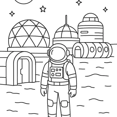 Desenho de contorno em preto e branco de um astronauta em pé na superfície de um planeta, com uma base espacial de domos geodésicos e naves ao fundo.