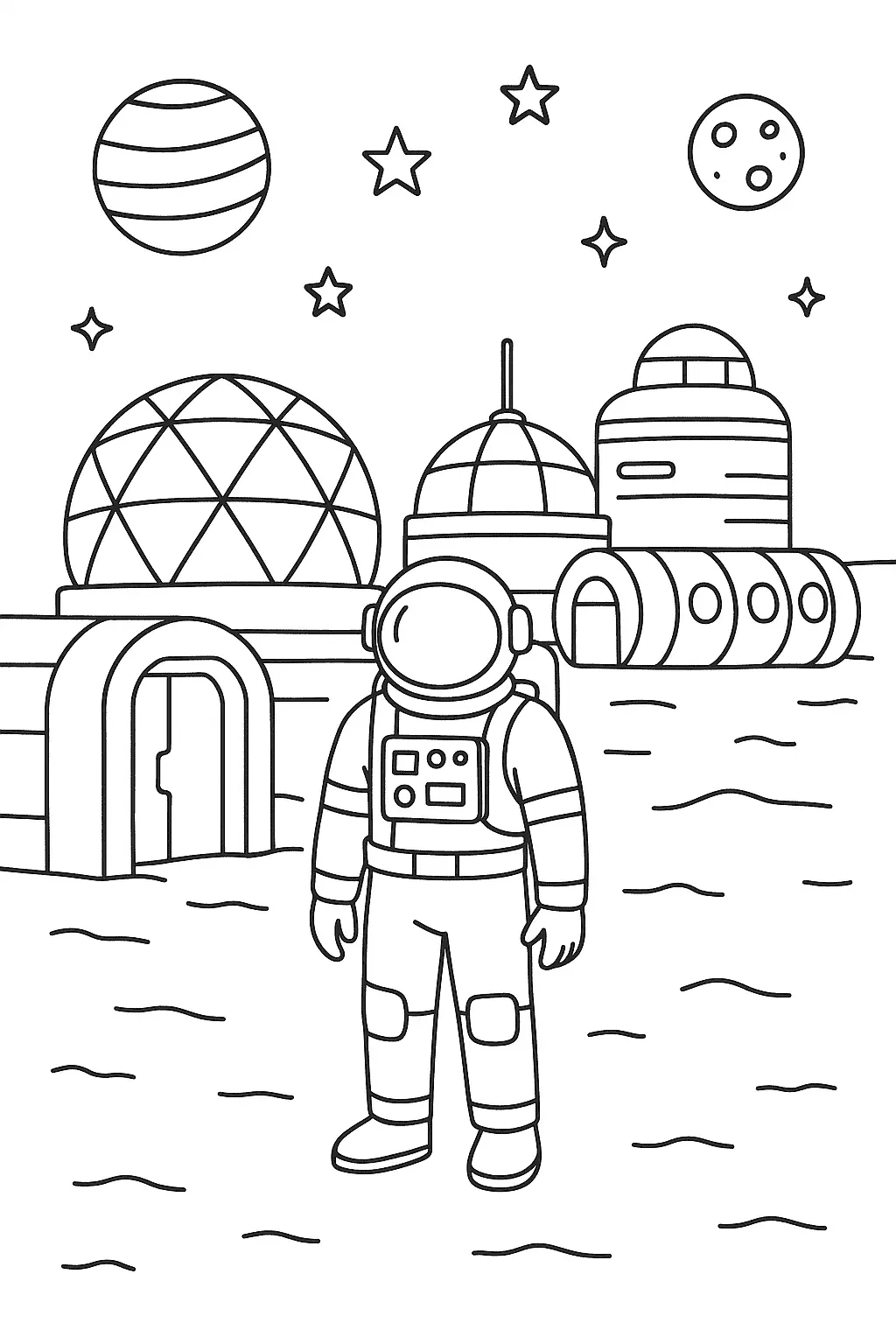 Desenho de contorno em preto e branco de um astronauta em pé na superfície de um planeta, com uma base espacial de domos geodésicos e naves ao fundo.