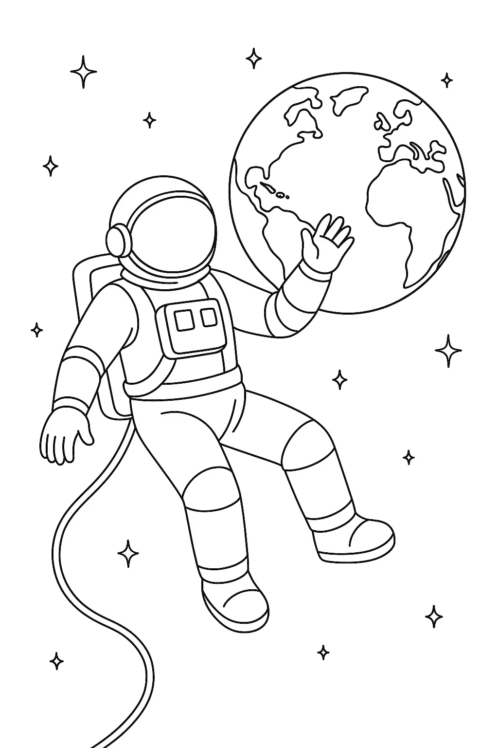 Desenho de contorno em preto e branco de um astronauta flutuando no espaço com um cabo umbilical, acenando ao lado do planeta Terra detalhado.