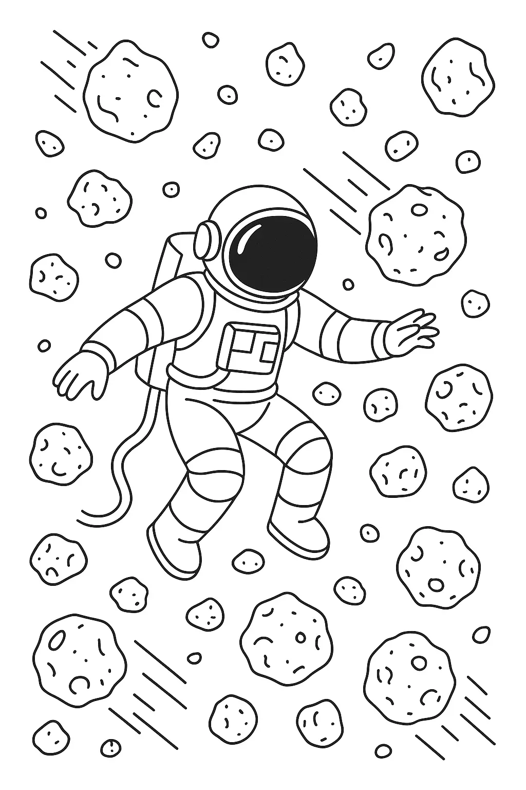 Desenho de contorno em preto e branco de um astronauta flutuando no espaço, rodeado por muitas pedras espaciais e meteoros com rastros de movimento.