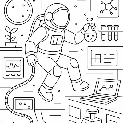 Desenho de Astronauta em Laboratório Espacial para Colorir