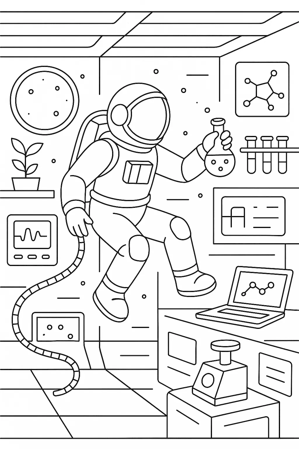 Desenho de contorno em preto e branco de um astronauta flutuando em um laboratório espacial, segurando um frasco de Erlenmeyer, com tubos de ensaio e laptop ao redor.