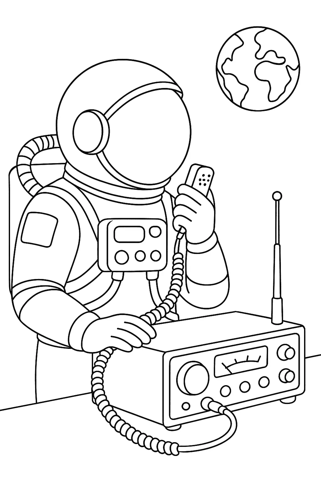 Desenho de contorno em preto e branco de um astronauta segurando um microfone de rádio, operando uma base de rádio com antena, com a Terra ao fundo.
