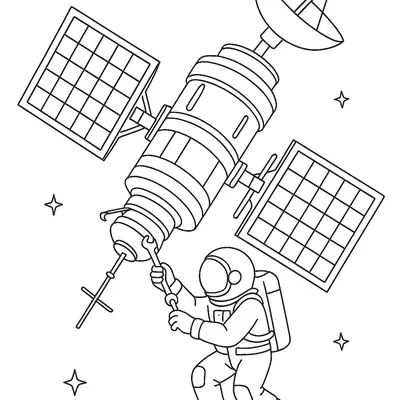 Desenho de Astronauta em Reparo de Satélite para Colorir