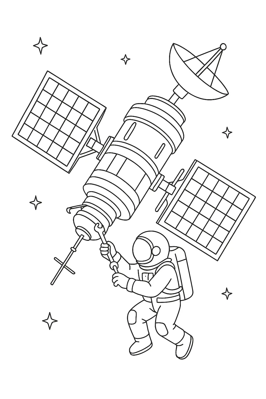 Desenho de contorno em preto e branco de um astronauta segurando uma chave inglesa e trabalhando em um satélite com antena parabólica e painéis solares.