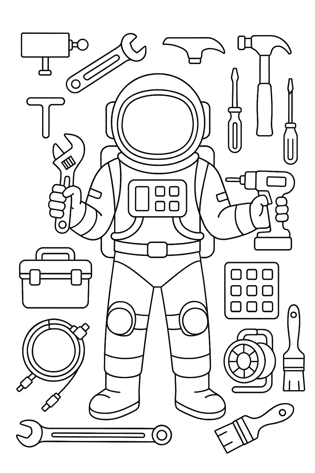 Desenho de contorno em preto e branco de um astronauta em pé, segurando ferramentas, rodeado por martelo, chaves de fenda, furadeira, maleta e pincéis.