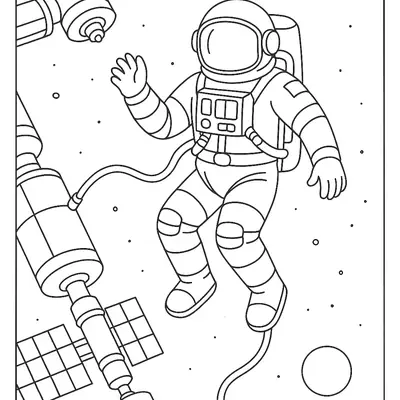 Desenho de contorno em preto e branco de um astronauta flutuando ao lado de uma estrutura de estação espacial com braços robóticos e painéis solares.