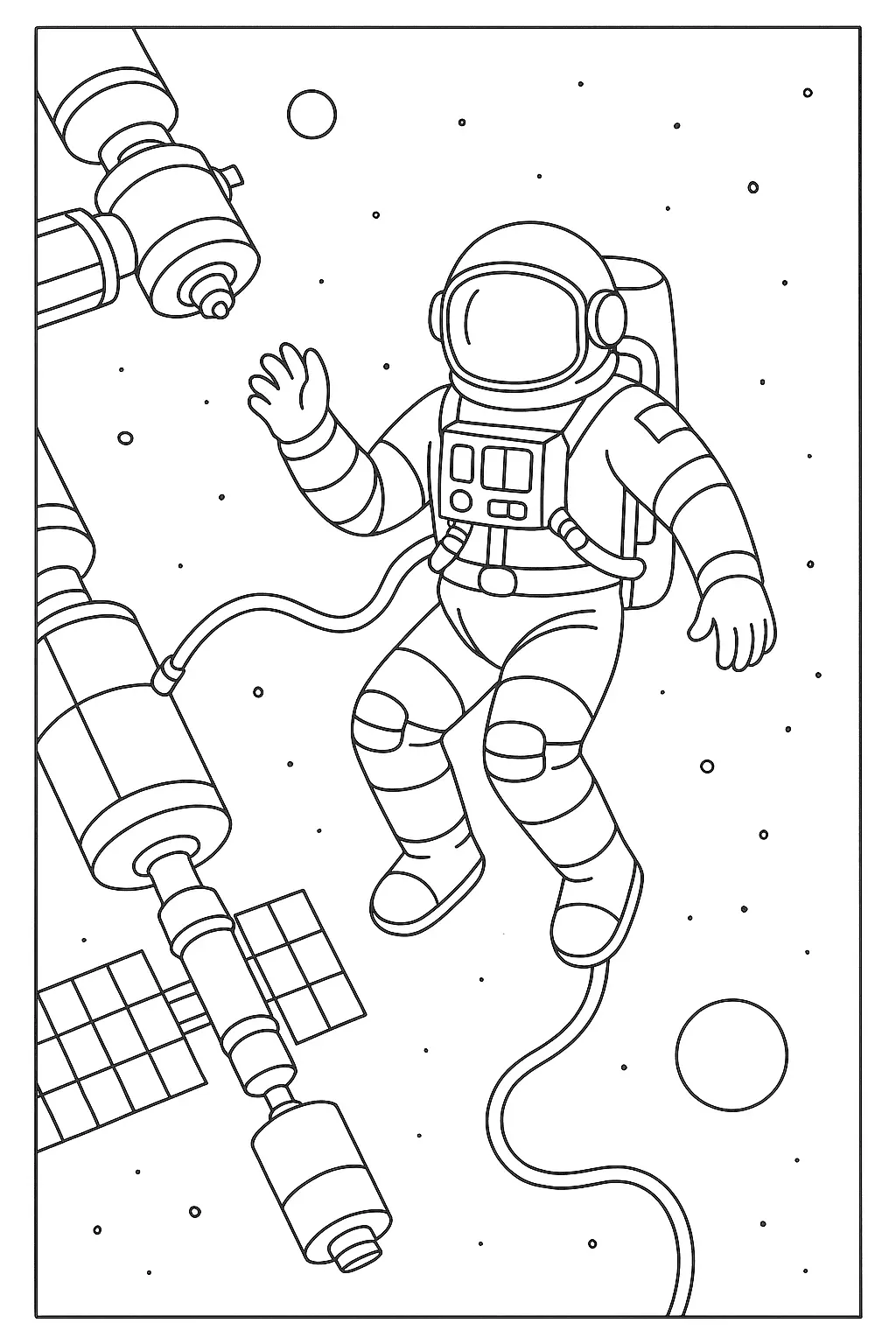 Desenho de contorno em preto e branco de um astronauta flutuando ao lado de uma estrutura de estação espacial com braços robóticos e painéis solares.
