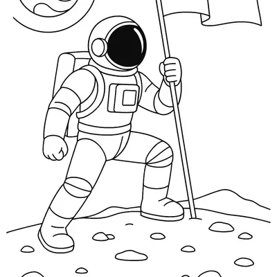 Desenho de contorno em preto e branco de um astronauta ajoelhado em uma perna só segurando uma bandeira na superfície da lua com a Terra ao fundo.