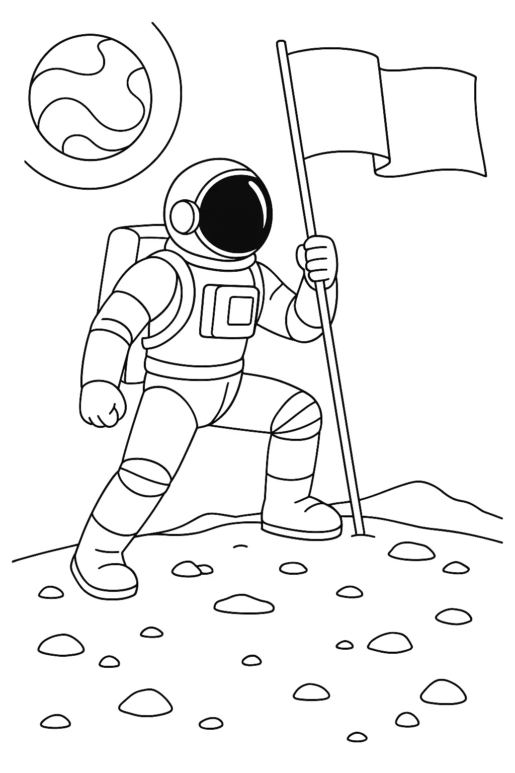 Desenho de contorno em preto e branco de um astronauta ajoelhado em uma perna só segurando uma bandeira na superfície da lua com a Terra ao fundo.