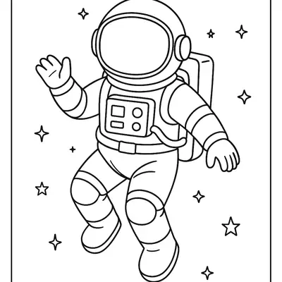Desenho de contorno em preto e branco de um astronauta flutuando no espaço, com uma mão levantada e cercado por várias estrelas de quatro pontas.