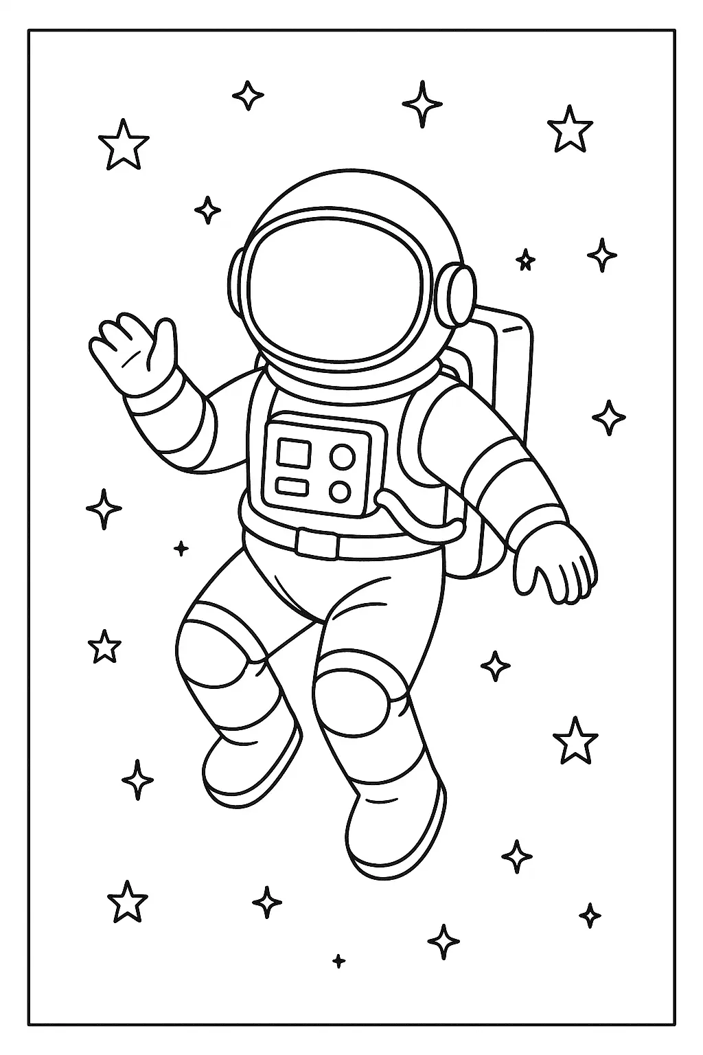 Desenho de contorno em preto e branco de um astronauta flutuando no espaço, com uma mão levantada e cercado por várias estrelas de quatro pontas.