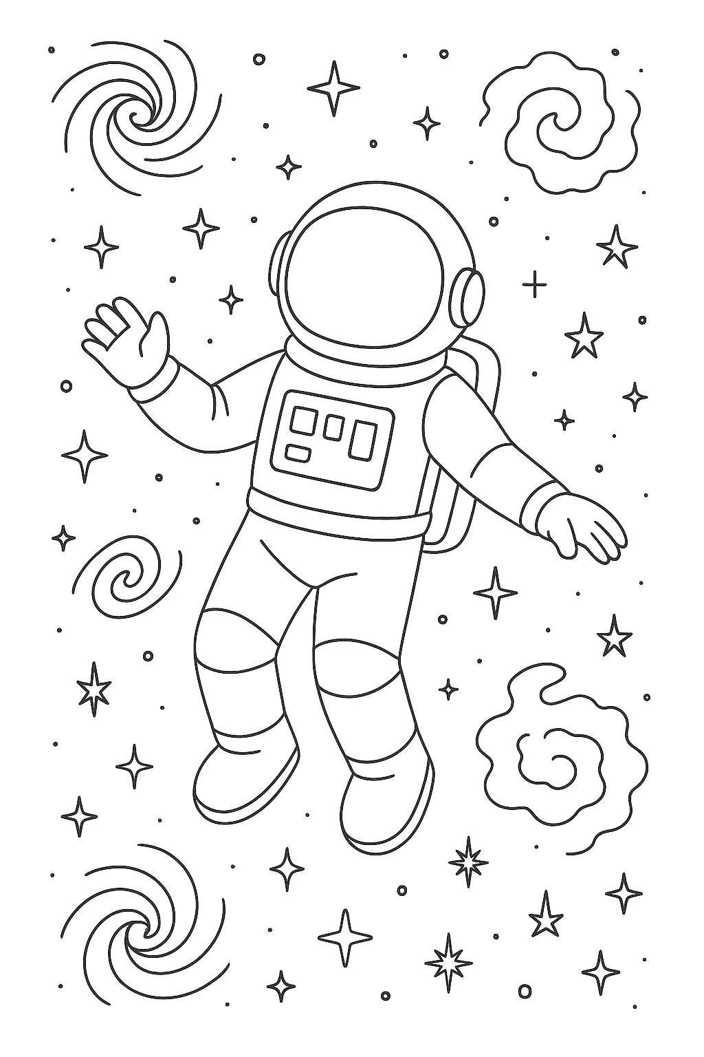 Desenho de contorno em preto e branco de um astronauta flutuando no vácuo espacial, com várias galáxias espirais e estrelas de diferentes tamanhos ao redor.
