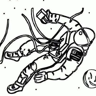 Desenho com traços artísticos em preto e branco de um astronauta flutuando no espaço, com cabos ao redor e o planeta Terra no canto inferior.