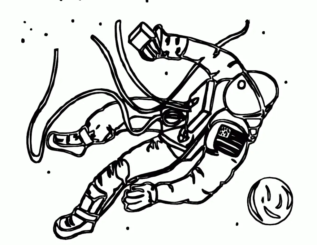 Desenho com traços artísticos em preto e branco de um astronauta flutuando no espaço, com cabos ao redor e o planeta Terra no canto inferior.
