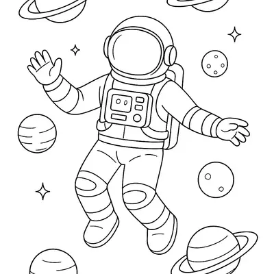 Desenho de Astronauta e Sistema Solar para Colorir