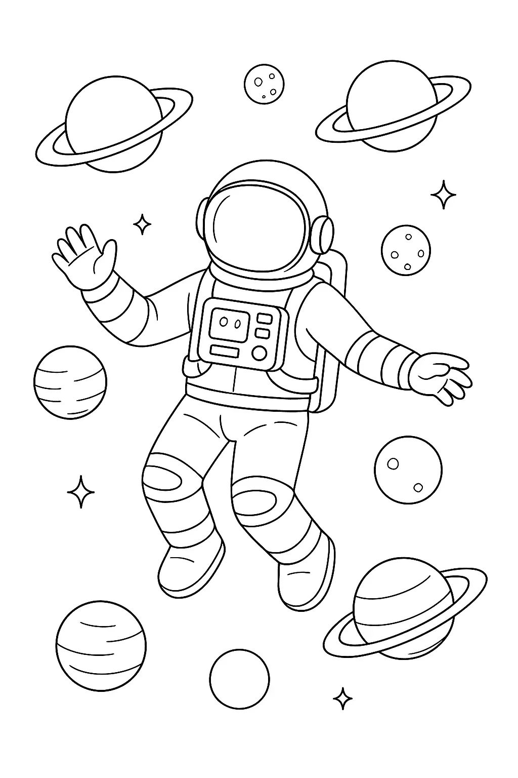 Desenho de contorno em preto e branco de um astronauta flutuando no espaço com os braços abertos, cercado por planetas com anéis e estrelas de quatro pontas.