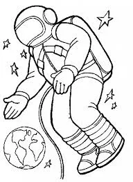 Desenho de contorno em preto e branco de um astronauta flutuando de lado no espaço, com o planeta Terra e estrelas de quatro pontas ao fundo.