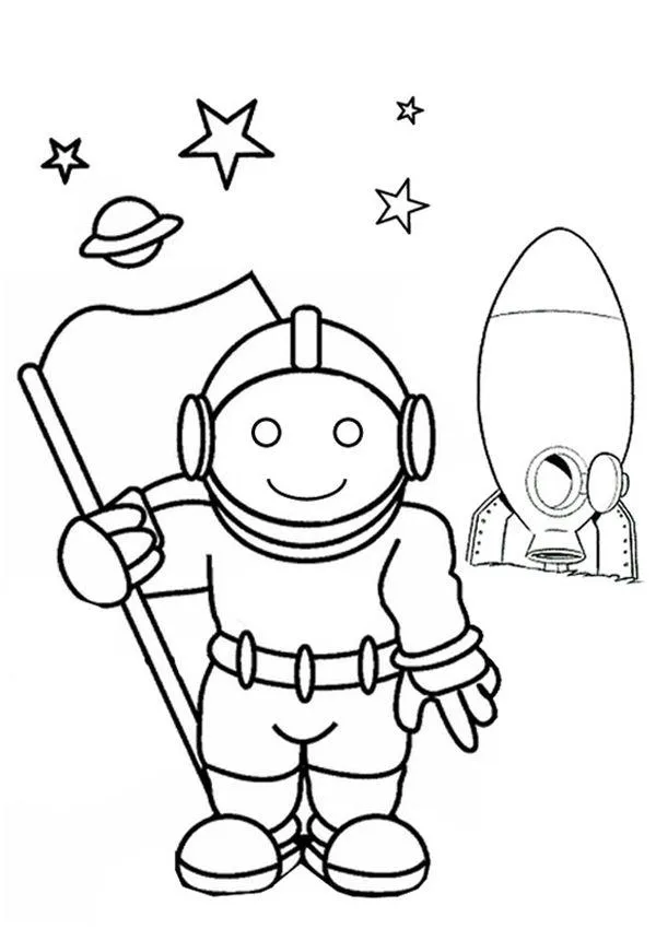 Desenho de contorno simples em preto e branco de um astronauta infantil segurando uma bandeira, com um foguete ao fundo e estrelas no céu.