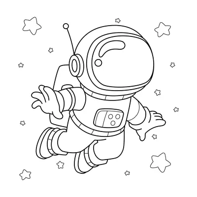 Desenho de contorno em preto e branco de um astronauta infantil flutuando no espaço com uma antena no capacete, rodeado por estrelas fofas.