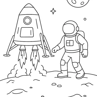Desenho de Astronauta com Foguete na Superfície Lunar