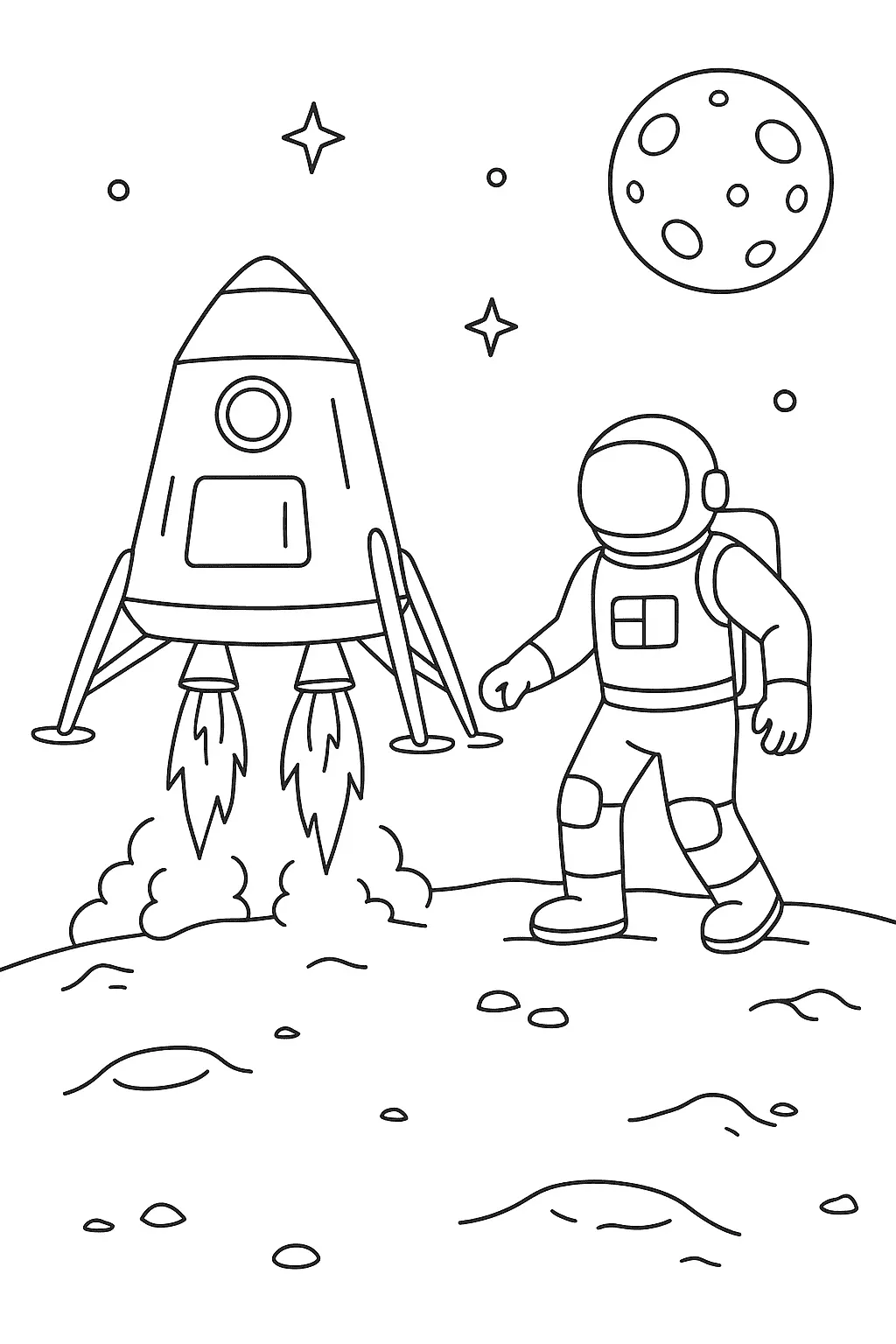 Desenho de contorno em preto e branco de um astronauta em traje espacial caminhando na Lua, com um foguete soltando fumaça e a Terra ao fundo.