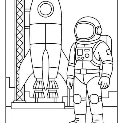 Desenho de contorno em preto e branco de um astronauta em pé ao lado de um foguete com torre de suporte na plataforma de lançamento.