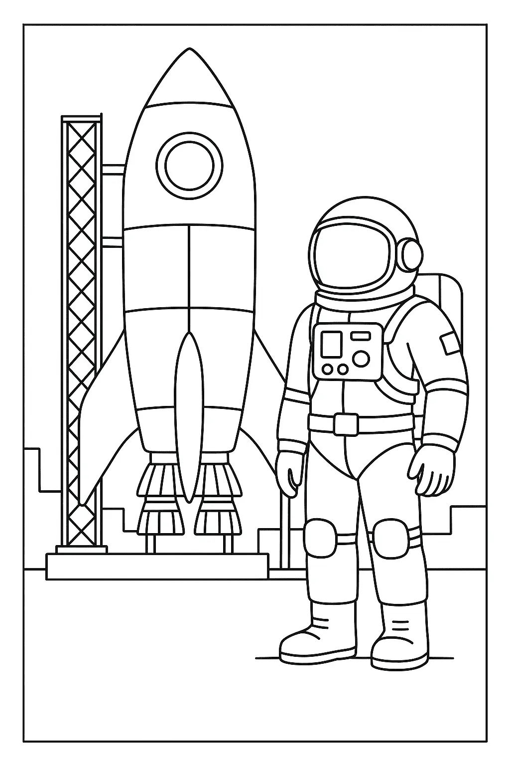 Desenho de contorno em preto e branco de um astronauta em pé ao lado de um foguete com torre de suporte na plataforma de lançamento.