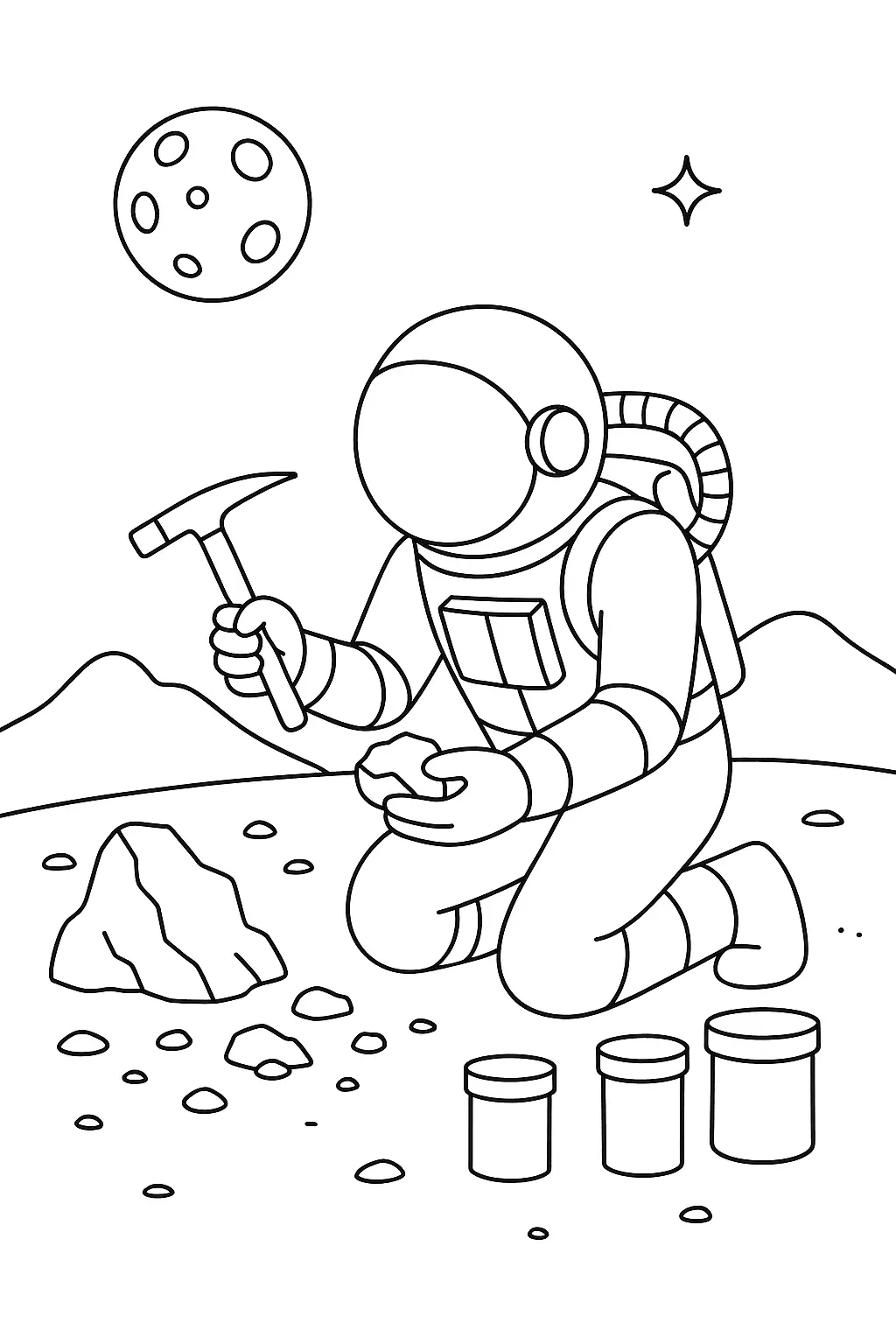 Desenho de contorno em preto e branco de um astronauta ajoelhado segurando uma picareta e uma rocha, com três potes de coleta e solo montanhoso.