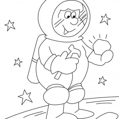 Desenho de contorno em preto e branco de um astronauta estilo cartoon na lua, segurando uma pedra que brilha e um martelo, cercado por estrelas.