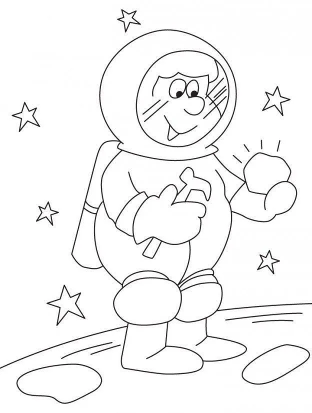 Desenho de contorno em preto e branco de um astronauta estilo cartoon na lua, segurando uma pedra que brilha e um martelo, cercado por estrelas.