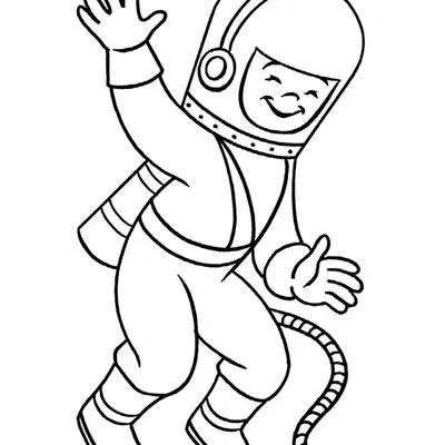 Desenho de contorno em preto e branco de um pequeno astronauta sorridente, pulando com um braço levantado e um cabo de segurança preso ao traje.