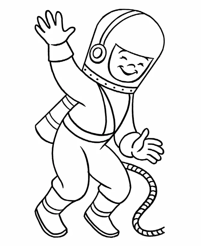 Desenho de contorno em preto e branco de um pequeno astronauta sorridente, pulando com um braço levantado e um cabo de segurança preso ao traje.