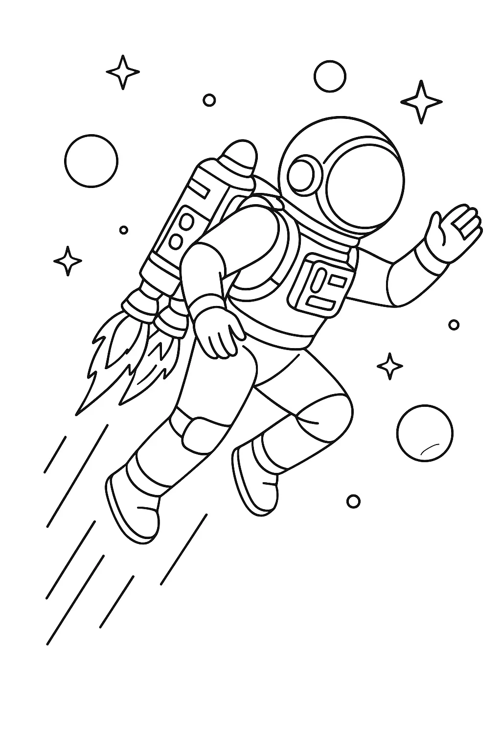 Desenho de contorno em preto e branco de um astronauta voando de perfil com uma mochila a jato soltando fogo, cercado por astros e estrelas.