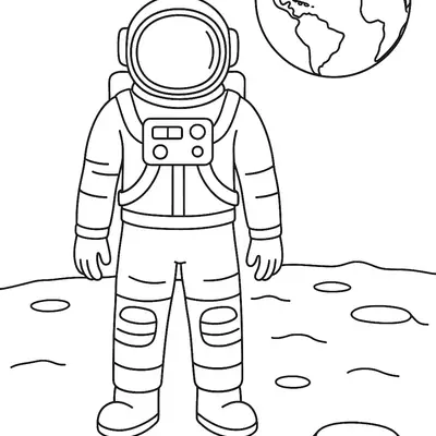 Desenho de contorno em preto e branco de um astronauta em pé na lua com crateras sob os pés e o planeta Terra visível no céu ao fundo.