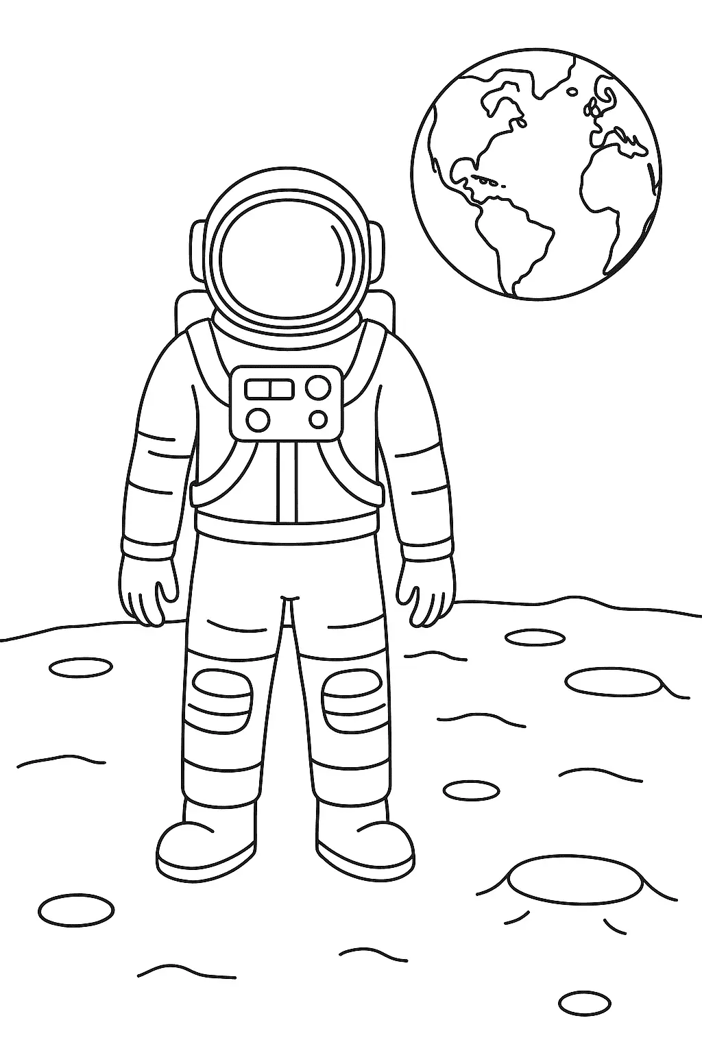 Desenho de contorno em preto e branco de um astronauta em pé na lua com crateras sob os pés e o planeta Terra visível no céu ao fundo.