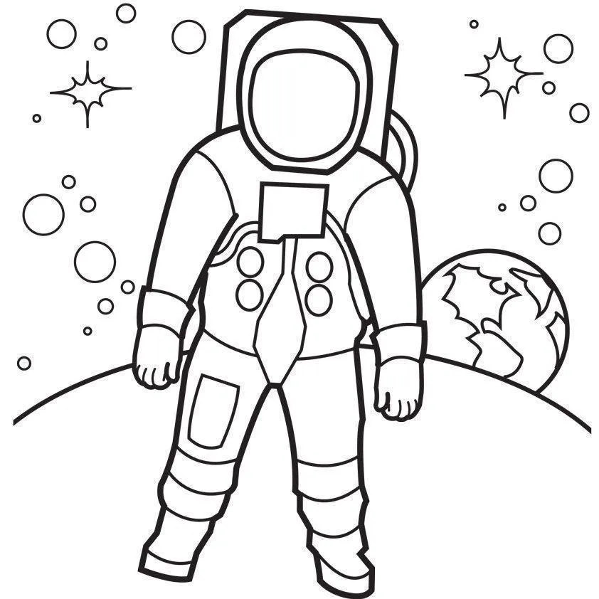 Desenho de contorno em preto e branco de um astronauta em pé na superfície da lua, com o planeta Terra visível no horizonte e estrelas redondas no céu.