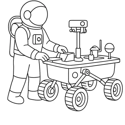 Desenho de contorno em preto e branco de um astronauta em pé ao lado de um veículo rover de quatro rodas com antenas e câmeras.