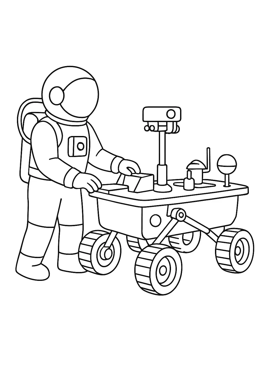 Desenho de contorno em preto e branco de um astronauta em pé ao lado de um veículo rover de quatro rodas com antenas e câmeras.