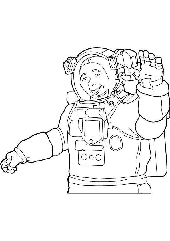 Desenho de contorno em preto e branco de um astronauta de meio corpo, sorrindo e acenando com a mão esquerda, vestindo um traje espacial com painéis e câmeras.