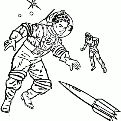 Desenho de contorno em preto e branco de dois astronautas com visores transparentes flutuando no espaço ao lado de um foguete estilizado.