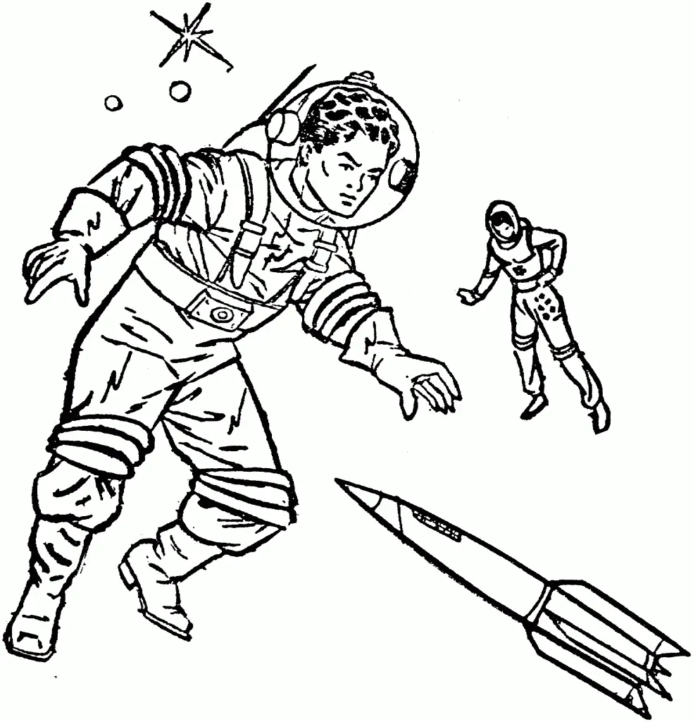 Desenho de contorno em preto e branco de dois astronautas com visores transparentes flutuando no espaço ao lado de um foguete estilizado.