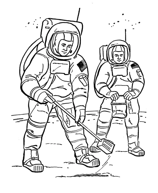 Desenho de contorno em preto e branco de dois astronautas na superfície da lua; um usa uma ferramenta de escavação longa e o outro segura um recipiente de amostras.