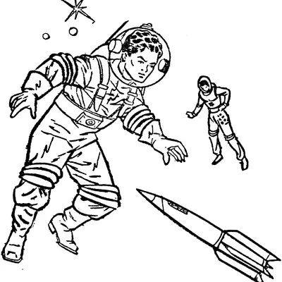 Desenho de contorno em preto e branco de estilo retrô mostrando dois astronautas flutuando no espaço e um foguete estilizado na parte inferior.