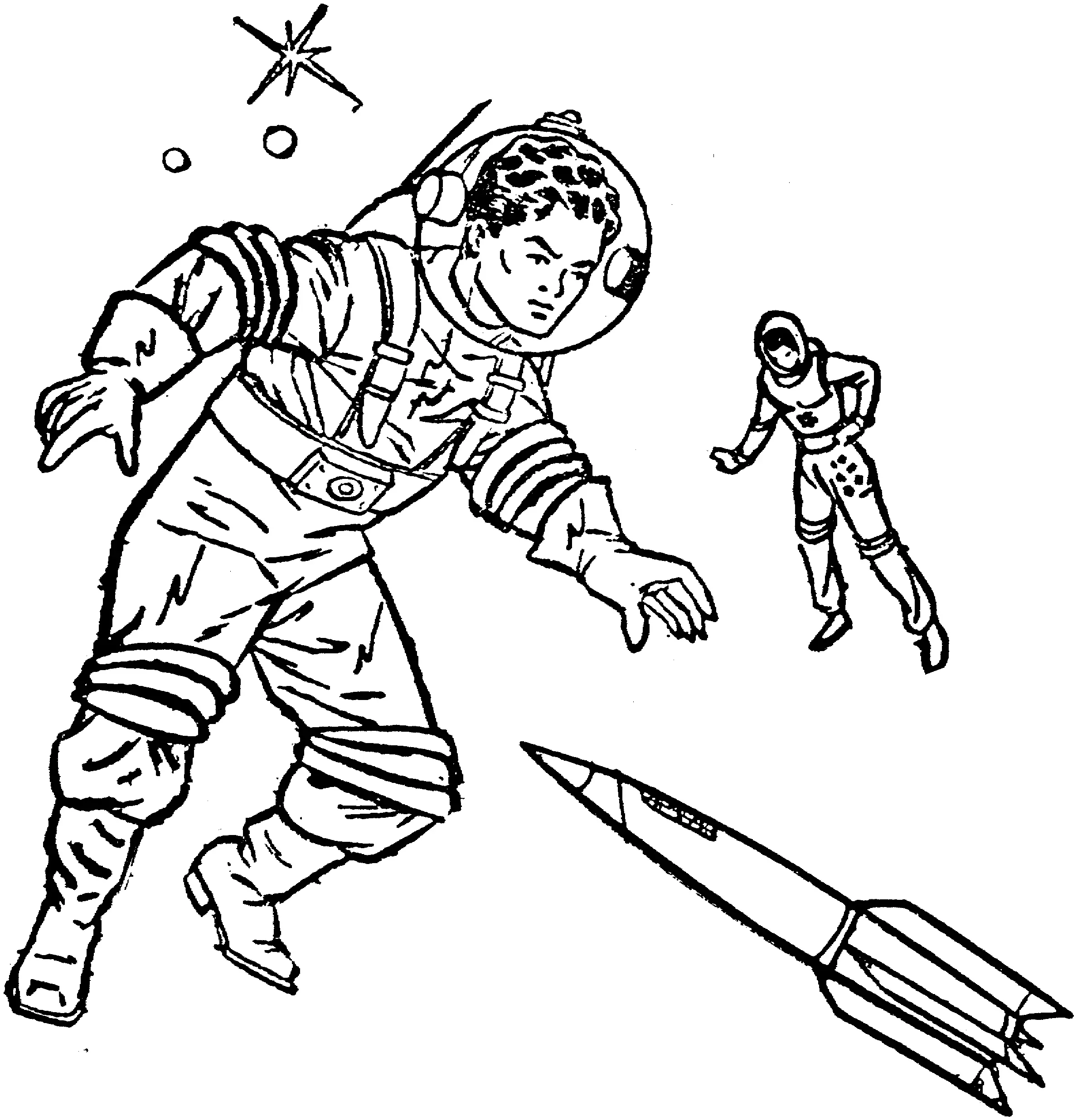 Desenho de contorno em preto e branco de estilo retrô mostrando dois astronautas flutuando no espaço e um foguete estilizado na parte inferior.