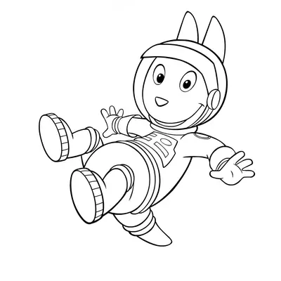 Desenho de contorno em preto e branco do personagem Austin, de Backyardigans, flutuando no ar e usando um traje de astronauta com capacete, luvas e botas pesadas.
