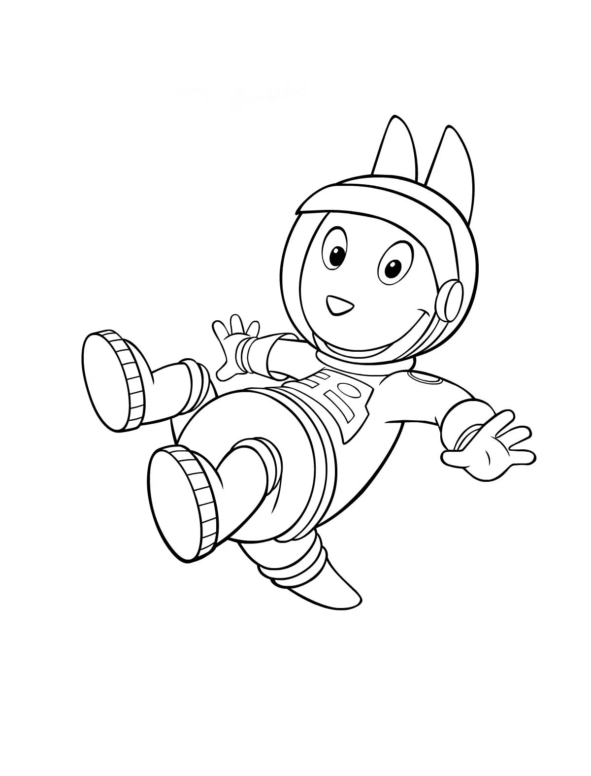 Desenho de contorno em preto e branco do personagem Austin, de Backyardigans, flutuando no ar e usando um traje de astronauta com capacete, luvas e botas pesadas.