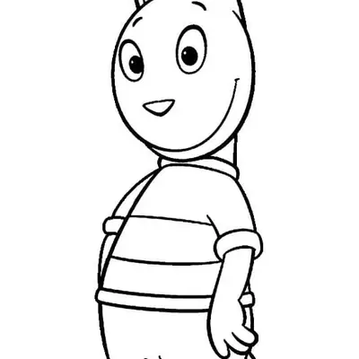 Desenho de contorno em preto e branco do personagem Austin, um canguru da série Backyardigans, em pé e de perfil, usando uma camisa de mangas curtas com listras horizontais e shorts.